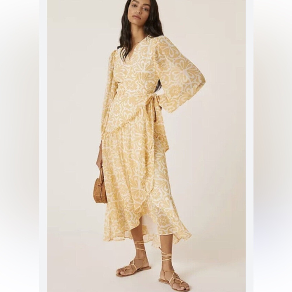 HUTCH ANTHROPOLOGY butter yellow geo wrap maxi dress size M long sleeve